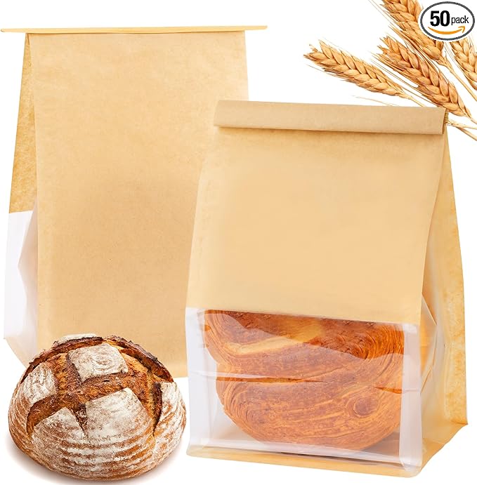 50 Pcs Bread Bags for Homemade Bread Sourdough, 10.2 * 6.3 * 5.1 Inches Bakery Bags with Window Reusable Tin Tie Baked Goods Packaging by HONKID