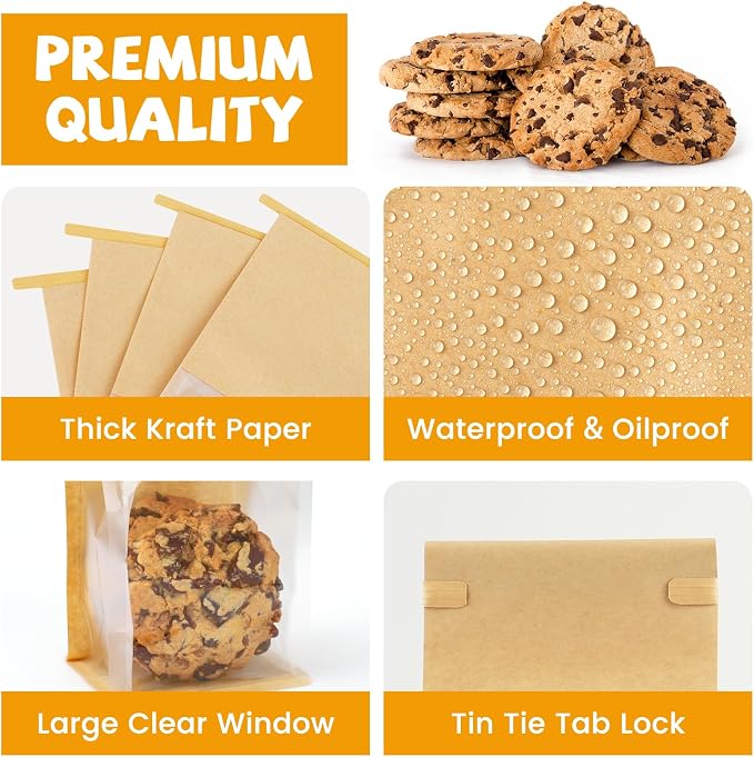 50 Pack Cookie Packaging Bags, 3.9x3.1x8.2 Inches Small Bakery Bags with Window Tin Tie Tab Lock Resealable Paper Treat Bag for Baked Goods Gift Giving and Bake Sale | Thick Material - Image 3