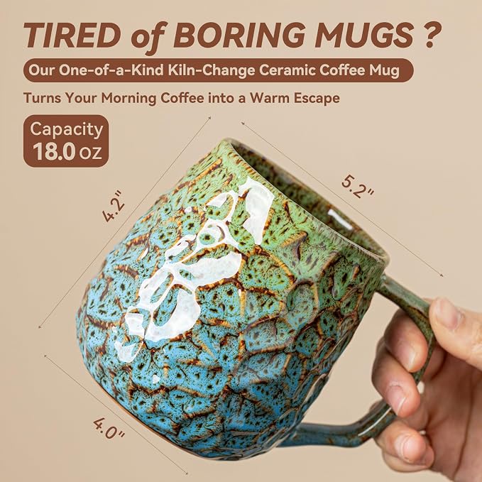 18oz Unique Kiln-Change Ceramic Coffee Mug, Handcrafted Hammered Texture Ceramic Mug with Ergonomic Handle, Microwave & Dishwasher Safe, Gift for Coffee Lovers, Home Office Daily Use (Green & Blue) - Image 9