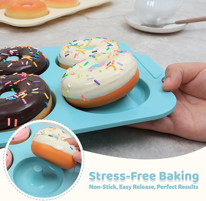 Nonstick Silicone Donut Pan: 3.5 Inch Large Donut Mold with Metal Frame - Bagel Doughnut Pan for Baking Gluten Free Glazed Vegan - for Oven Housewife Home Baker Baking Lovers (Green & Beige)