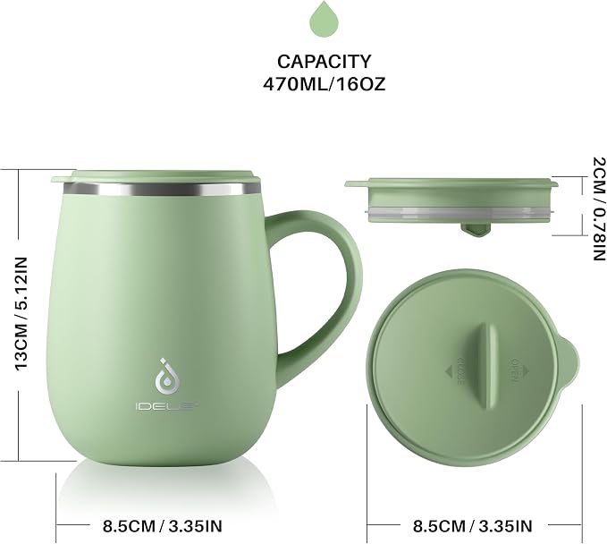 Ideus 16 oz Insulated Coffee Mug with Handle and Lid, Double Wall Stainless Steel Vacuum Thermal Coffee Mug, Travel Coffee Cup Thermal Cup for Home and Office, Avocado Green - Image 5