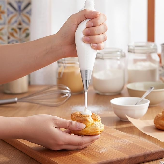 3Pcs Puff Cream Filling Piping Tips with 50 Pcs Disposable Piping Bags Stainless Steel Piping Nozzle Tips with 1 Tip Cleaning Brush Puff Pastry Filling Cake Decorating Tools for Filling Donuts Cream