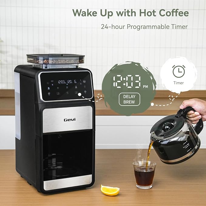 Gevi 10-Cup Grind & Brew Drip Coffee Maker with Built-In Burr Grinder | 24-Hour Programmable Timer, Touch Screen Control, 4-Hour Warm Plate, Permanent Filter with Original Glass Coffee Carafe - Image 6