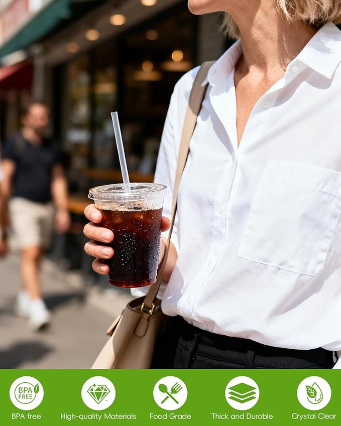 Goodluck 100 Pack 24oz Plastic Cups with Lids and Straws, Clear Disposable Iced Coffee Cups, Food Safe Cold Drink Cups for Bubble Tea, Smoothies & Shakes, BPA Free