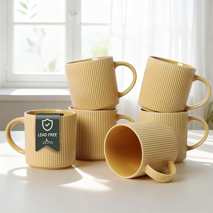 MONITO 16Oz Coffee Mugs Set of 6, Rustic Ceramic Coffee Cups Set with Large Handle, Vintage Striped Stoneware Coffee Mugs for Latte, Cocoa, Tea, Milk, Microwave & Dishwasher Safe, Lemon Yellow by MONITO