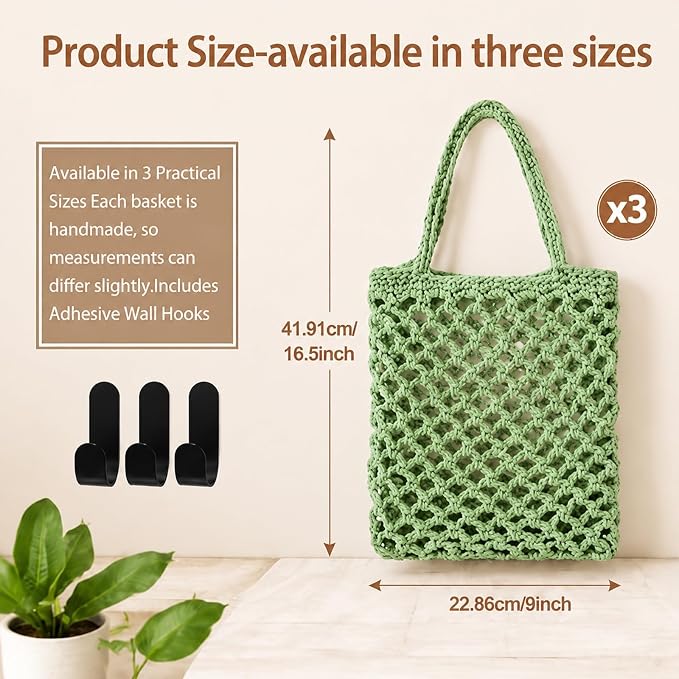 Honeydak Boho Decor Hanging Wall Baskets for Kitchen 3 Pack Teardrop Baskets with Hooks Storage Fruit Onion Vegetable Potato for Home(Sage Green,Mesh,Cotton Rope) - Image 3