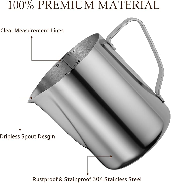 Milk Frothing Pitcher, 12oz Espresso Steaming Pitchers Stainless Steel Cappuccino Coffee Machine Accessories Barista Tools Steamer Froth Pitchers Milk Jug Cup with Decorating Pen Latte Art