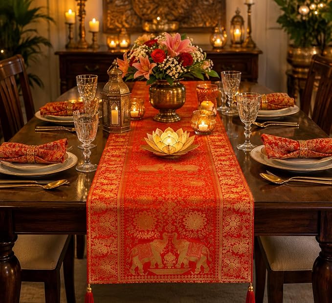 Indian Traditional Silk Table Runner 60 x 16 Inch, Elephant & Peacock Art Design Decorative Table Cloth, Orange Dining Table Runner for Kitchen, Living Room and Festive Home Decor - Image 5
