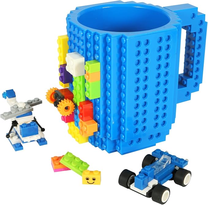 Lumsburry Build-on Brick Coffee Mug, Funny DIY Unique Novelty Drinking Cup | Building Blocks Creative Mug, for Men Women Kids Dad Mom, Present Exchange Ideas, Xmas Birthday White Elephant(Blue) by Lumsburry