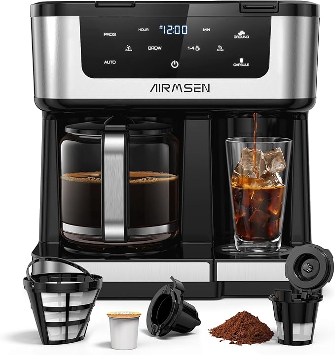 AIRMSEN 12-Cup Programmable Dual Coffee Maker – Single Serve Machine for K-Cup Pods & Ground, 1000W Fast Brew, Delay Start, 2H Keep Warm, Touchscreen, 60oz Tank, Glass Carafe – Home & Office by AIRMSEN