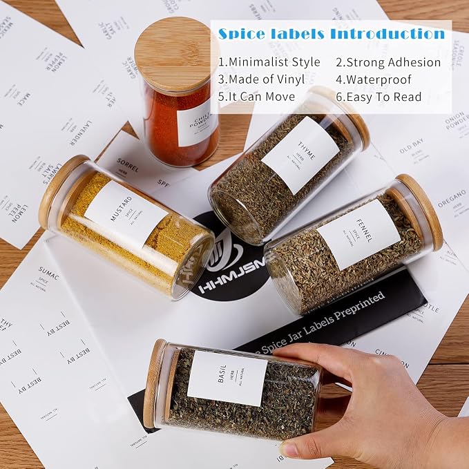 12 Pcs Glass Spice Jars With Bamboo Airtight Lids, 8oz Thicken(2.4mm) Spice Containers With 148 Minimalist Preprinted Waterproof Spice Labels, Kitchen Empty Small Storage Jars For Seasoning, Herb - Image 4