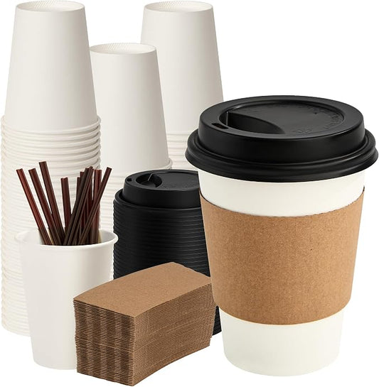 12 oz Paper Coffee Cups with Lids 100 Pack, Disposable Hot Coffee Cups with Lids, Sleeves and Stirring Sticks, To Go Cups, for Parties, Picnic, Travel, and Events by VPACKDUO