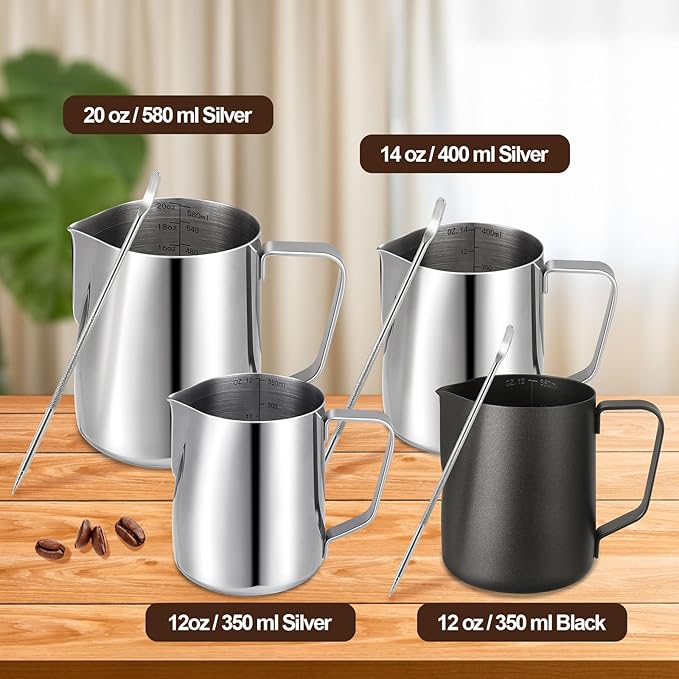 Milk Frothing Pitcher,Milk Steaming Frother Cup,Barista Cappuccino Latte Art Milk Jug with Decorating Pen,Stainless Steel Espresso Coffee Bar Accessories Tools (Black, 12oz)