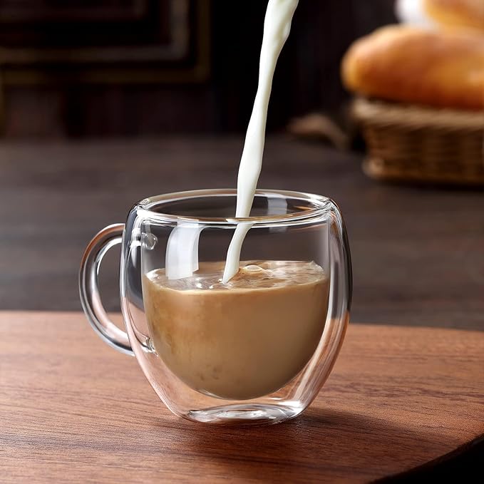 Espresso Cups Set of 4 with Handle, 2.5oz Expresso Coffee Cup, Small Expresso Shot Glasses, Clear Double Wall Insulated Espresso Mugs,Tazas de Cafe Expreso, Suit for Espresso Machine Accessories