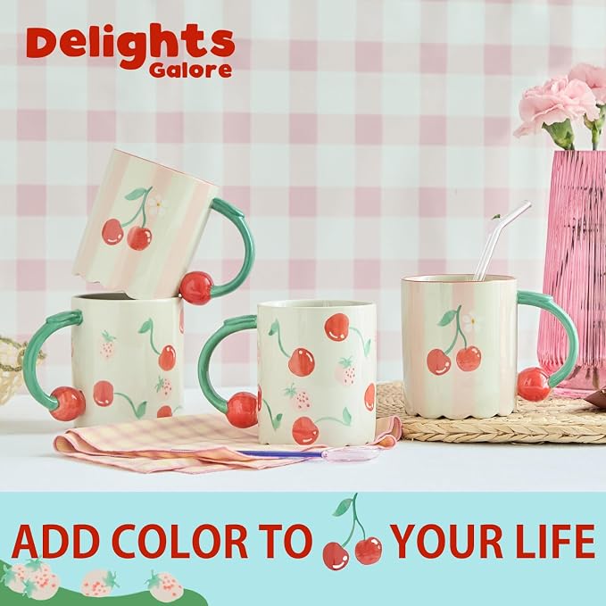 15oz Hand Painted Mug with 3D Cherry Handle - Strawberry & Cherry Pattern. Lead-Free, Microwave/Dishwasher Safe. Aesthetic Coffee Tea Cup Gift for Women & Girls-4pack - Image 4