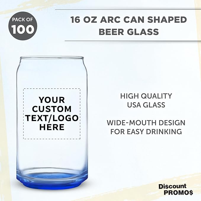 Custom Beer Can Glasses Set of 100, 16 oz. Pint Sized, Promotional Text, Logo, Soda Can Shape, Glassware, Blue