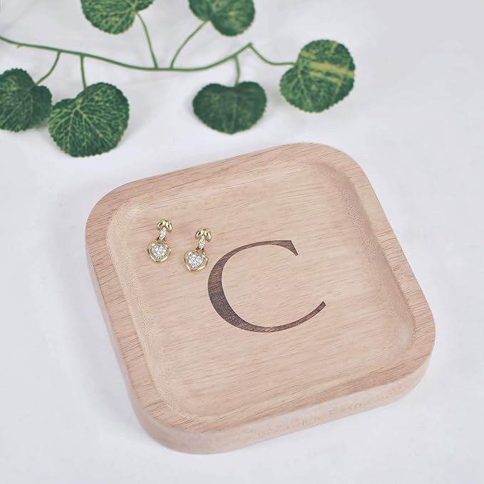 I'm Wooden Personalized Letter Catchall Valet Tray Trinket Dish Jewelry Tray Key Bowl Decorative Plate Organizing Ring Earrings Necklaces Bracelet Watch Coins Wallet Holder (6"x6" Sq Natural C)
