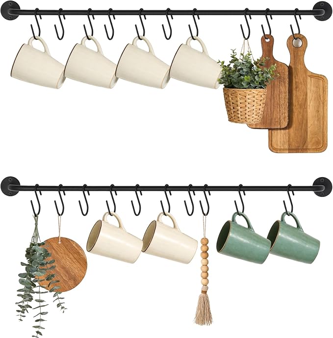 Mkono Wall Mounted Mug Holder, Coffee Cup Hanger Rack with 20 Hooks, 2 Pack | Kitchen Rod, Space Saving, Easy Assembly, Wall & Under Cabinet, Durable Metal, Kitchen Dining Bar Organizer, Multi-Function by Mkono