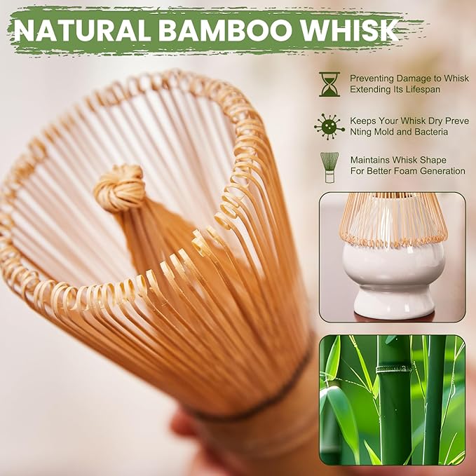 Matcha Whisk Set, Lotus White Ceramic Matcha Set Includes Matcha Bowl, Matcha Whisk (Chasen) and Holder, Sifter, Bamboo Scoop & Spoon - 6 Pcs Matcha Kit for Matcha Lovers