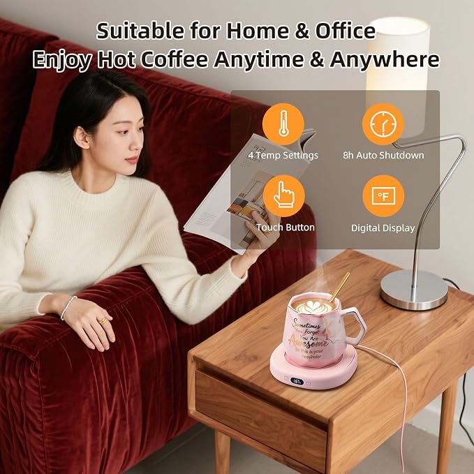 Coffee Mug Warmer Set Smart Electric Heated Cup Beverage Tea Candle Plate | You are Awesome Pink Mug Electric Warmer Set for Office Desk, 4 Temperature Control 8 Hrs Auto Shut Off, Ideal Gift for Women - Image 3