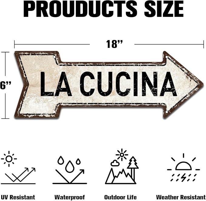 Mukuko La Cucina Sign, 6" x 18" Arrow Metal Tin Sign | Italian, Kitchen Decor, Dining, Home Decor - Image 3