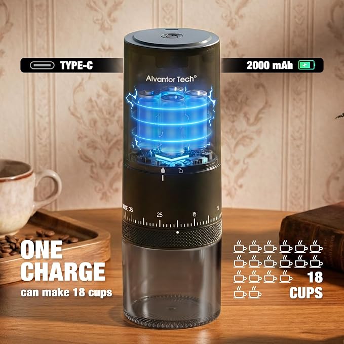 Portable Electric Burr Coffee Grinder - Cordless Rechargeable Coffee Grinder with Ceramic Conical Burr, USB-C, Ultra Quiet <65dB, 38 Adjustable Settings, Travel Coffee Grinder for Camping Office Home - Image 4