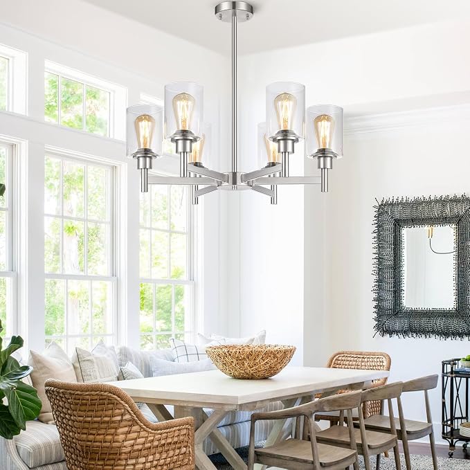 Brushed Nickel Chandeliers, 6 Light Farmhouse Chandelier for Dining Room Light Fixtures Over Table, Hanging Light Fixture with Clear Glass Shade for Kitchen Island Living Room, Height Adjustable - Image 8