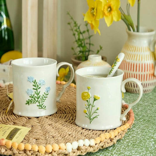 2 Pack Floral Ceramic Coffee Mugs - Yellow and Blue Flowers, Hand-Painted, Microwave & Dishwasher Safe, Ideal for Cappuccino, Tea, Hot Chocolate by DelightsGalore