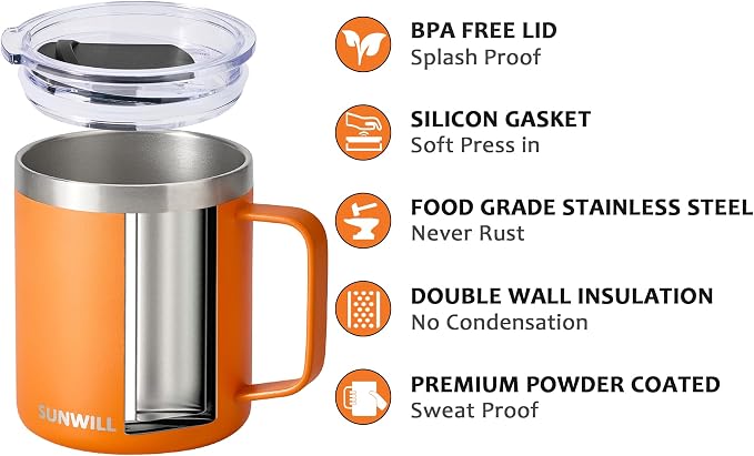 SUNWILL Insulated Coffee Mug with Lid, Travel Tumbler with Handle, 14 oz Stainless Steel Cup for Camping, Office, Home, Powder Coated Orange - Image 2