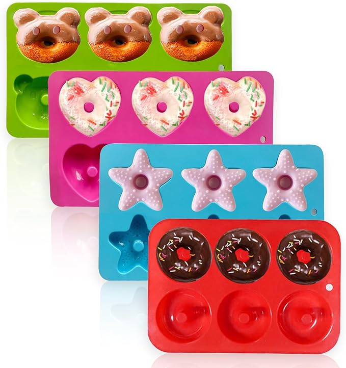4 Pcs Silicone Donut Mold Set,6-Cavity Silicone Doughnut Pan,Non-Stick Doughnut Pan,BPA Free and Dishwasher Safe,Donut Mold for Summer Parties