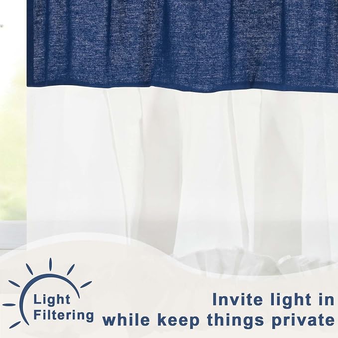 Likiyol Linen Valances for Windows Farmhouse Ruffle Swag Valance Rustic Country Window Valances Light Filtering Kitchen Curtains Rod Pocket Valance Curtains for Bathroom, Navy Blue White, 60"W x 36"L - Image 4