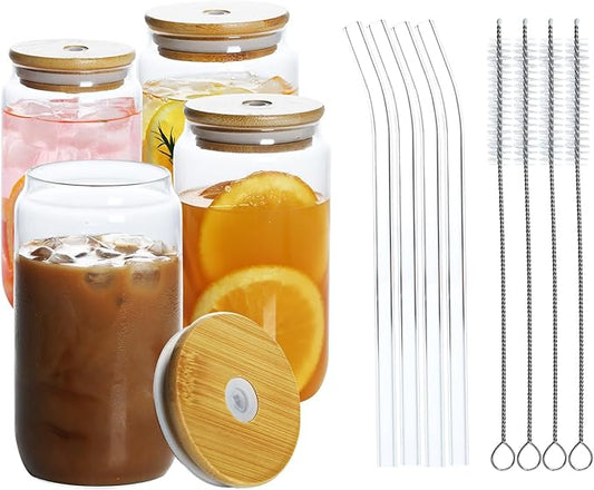 4-piece glass cup set, 16 ounces (approximately 453.6 grams), 4 glass cups with lids and straws - coffee cup, drinking, beer cup, cute tea, gift -4 cleaning brushes, 4 straws