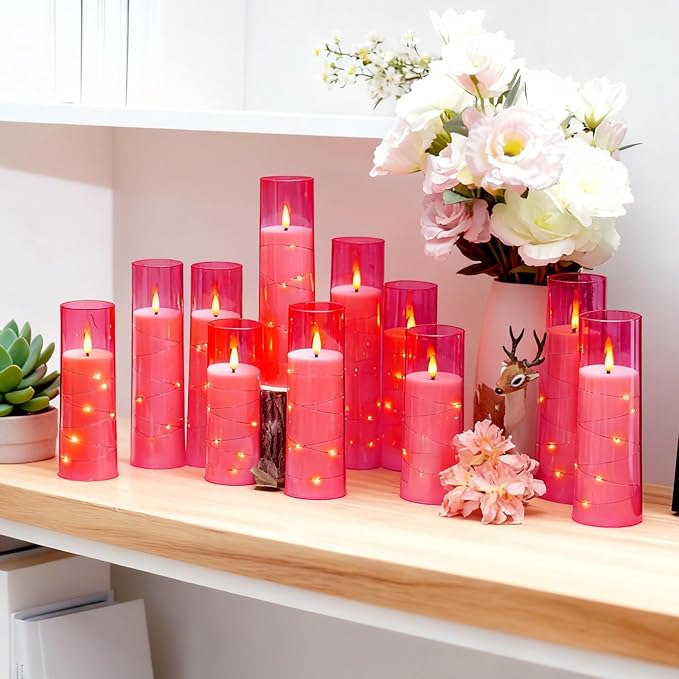 Flameless Candles,with Embedded Star String, Battery Operated Candles Flickering LED Pillar Candles with Remote Control and Timer, Home Decoration Add a Warm and Romantic Atmosphere，Set of 7 (Pink) - Image 5