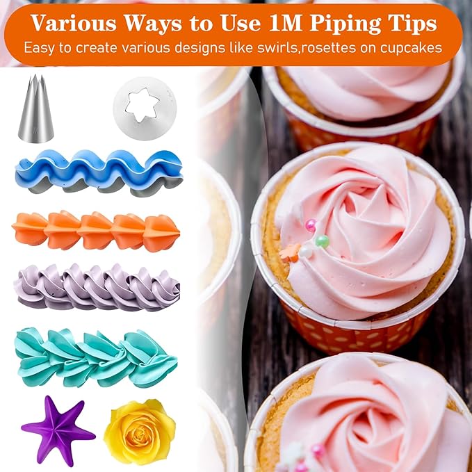 3Pcs 1M Piping Tips, Pastry Bags and Tips Cake Decorating Kit Cupcake Piping Kit Stainless Steel Icing Nozzles with 10Pcs Disposable Pipings Bags Cupcakes, Cookies, Pastry Cupcake Icing Kits
