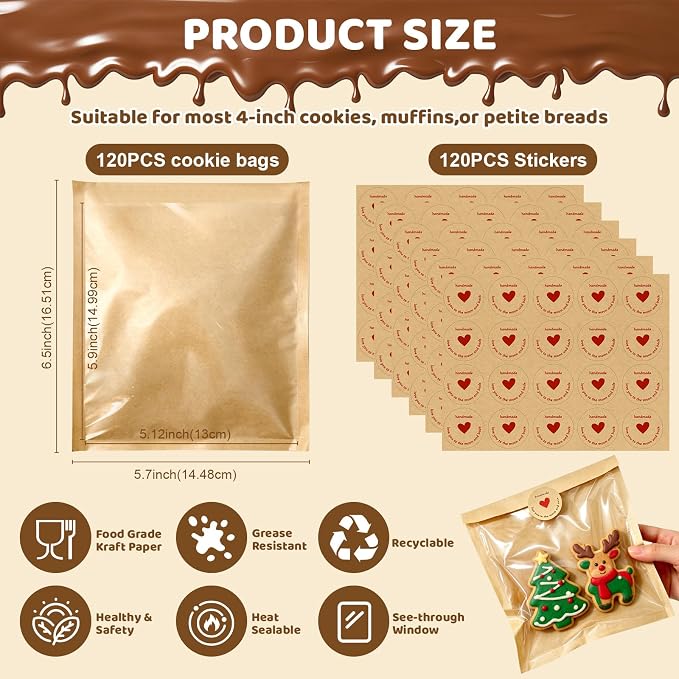 Individual Cookie Packaging Bags with Seal 120 Pack Bakery Bags for Cookies | 5.7x6.5 Inch Kraft Paper Cookie Bags with 120PCS Handmade Sticker Bakery Packaging Bags with Window for Candy Scone Brownie - Image 7