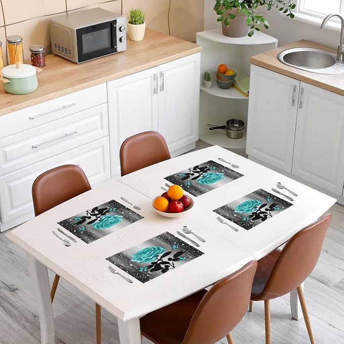 Feelyou Teal Water Rose Placemats Set of 4 Teal Butterfly Table Place Mats for Boys Girls Romantic Placemat for Kitchen Dining Table Floral Flower Indoor Outdoor Decor Table Mats 18"x12" - Image 3