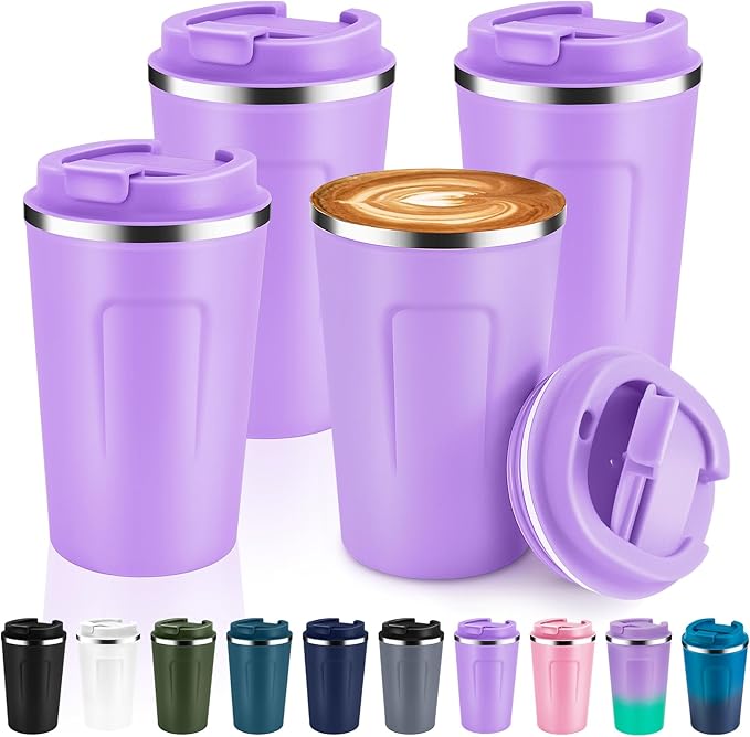 Volhoply 12 oz Double Wall Insulated Vacuum Travel Coffee Mug with Flip Lid Bulk 4 Pack,Reusable Stainless Steel Leak Proof Coffee Cups,Portable Cafe Thermal Tumbler for Hot&Cold Drinks(Purple,4 Set) by LiveFully%EF%BC%8CDrinkFreely%E2%80%94KeepGoingwithVolhoply%EF%BC%81