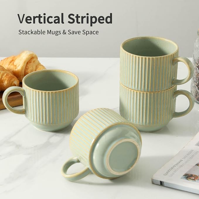 HASENSE Coffee Mugs with Metal Stand, Ceramic 15 Oz Stackable Coffee Cups Set of 4, Vertical Striped Latte Mugs with Holder, Space-Saving Mug Rack for Kitchen, Green - Image 3