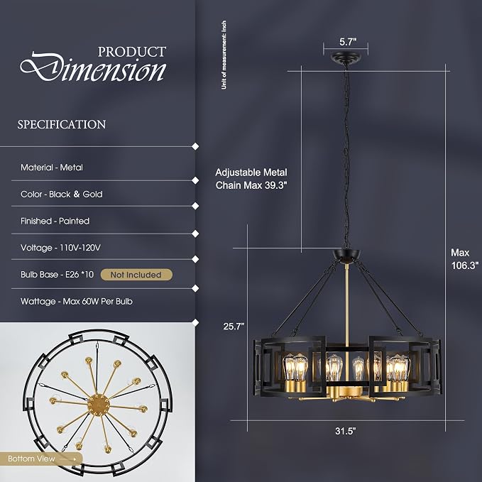 Modern 31.5" Black Gold Chandelier for Dining Room Large Industrial Vintage 6-Light Round Ceiling Mount Pendant Light Fixture for Kitchen Bedroom Living Room Stairway Hallway Entryway Foyer - Image 2