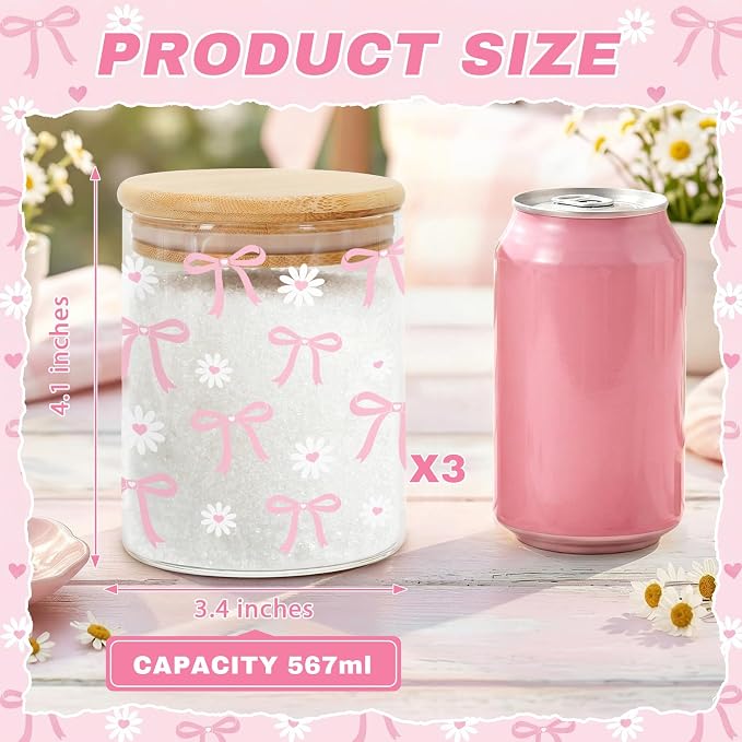 Pink Bow Glass Storage Jars with Lids, Candy Cookie Jars, 3 Pcs | Pink Bow Cute Preppy Kitchen Canister Set for Women Girls Cute Kitchen Counter Decor Airtight Candy Cookie Containers - Image 3