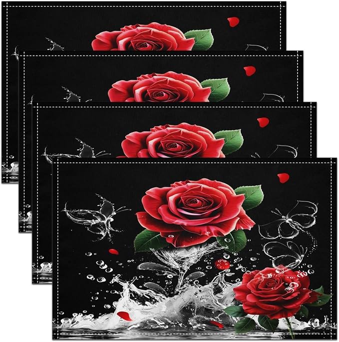Feelyou Red Rose Placemats Set of 4 Romantic Floral Blossom Table Place Mats for Girls Black Red Placemat for Kitchen Dining Table Women Reflection on Water Indoor Outdoor Decor Table Mats 18"x12" by Feelyou
