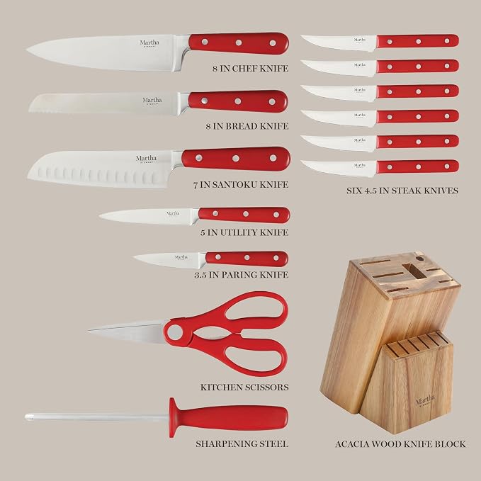 MARTHA STEWART Eastwalk 14 Piece High Carbon Staineless Steel Cutlery Knife Block Set w/ABS Triple Riveted Forged Handle Acacia Wood Block - Red - Image 3