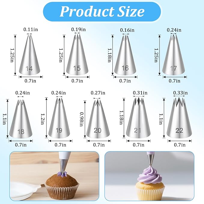 JIEYAO 9 Piece Stainless Steel Star Piping Tips Set, French Open Star Tube Frosting Nozzle Kit Pastry Decorating Tips for Cupcakes Cakes Cookies Decorating