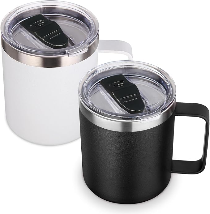 Volhoply 14oz Insulated Stainless Steel Coffee Mug with Lid Bulk 2 Pack,Double Wall Vacuum Travel Coffee Cup with Handle,Reusable Cups Tumbler Cup,Camping Mugs Keep Hot,Ideal Gifts(Assorted,2) by LiveFully%EF%BC%8CDrinkFreely%E2%80%94KeepGoingwithVolhoply%EF%BC%81