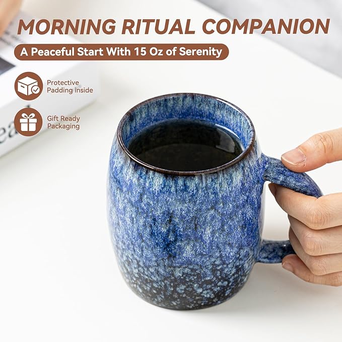 Sakura Blue Reactive Glaze Ceramic Coffee Mug - 14 oz Unique Mug with Ergonomic Handle, Large Ceramic Mug for Coffee, Tea, Milk - Great Birthday Gift for Women, Men, Friends, Home & Office Use - Image 4