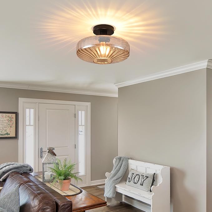 Semi Flush Mount Ceiling Light,11.8 inch Vintage Warm Amber Glass Ceiling Light Fixture,Living Room Lighting Fixtures Ceiling for Hallway Porch Bedroom Bathroom Dining room,E26 Base(Bulb Not Included) - Image 2