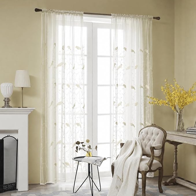 Rod Pocket Sheer Curtains Elegant Embroidered Bird Design White Window Drapes/Panels for Living Room, 54 x 84,Two Panels - Image 2