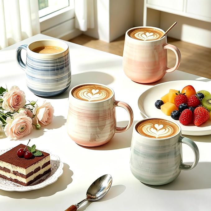 Coffee Mugs Set of 4, 12 oz Mugs Set, Ceramic Coffee Cups with Large Handles, Pastel Gradient & Striped Designs， Dishwasher and Microwave Safe Mugs for Coffee, Tea, Milk - Image 7