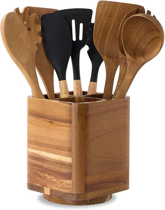 Wood Utensil Holder for Kitchen Counter, 360° Rotating Kitchen Utensil Holder, 7.2"x 6" Large Acacia Cooking Utensil Crock for Countertop (SQUARE) by LOHONER
