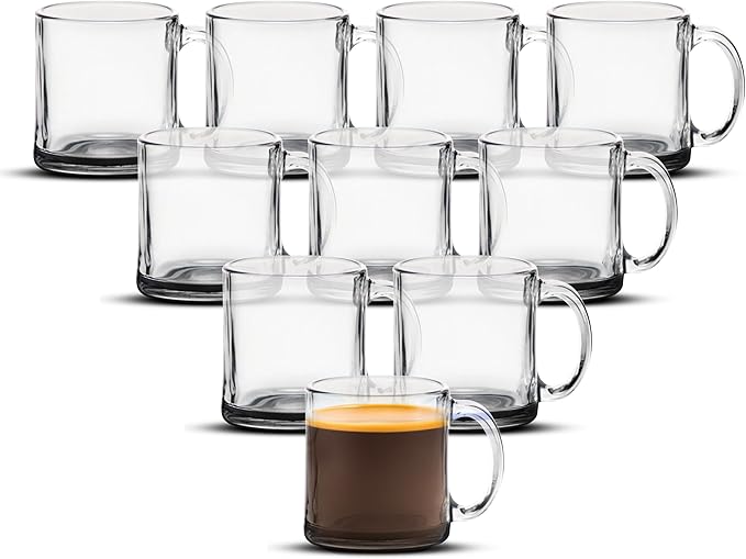 Libbey Clear Glass Coffee Mugs 13 oz. Set of 10, Bulk Pack - Perfect for Coffee, Tea, Espresso, Hot Cocoa, Other Beverages - Black Bottom